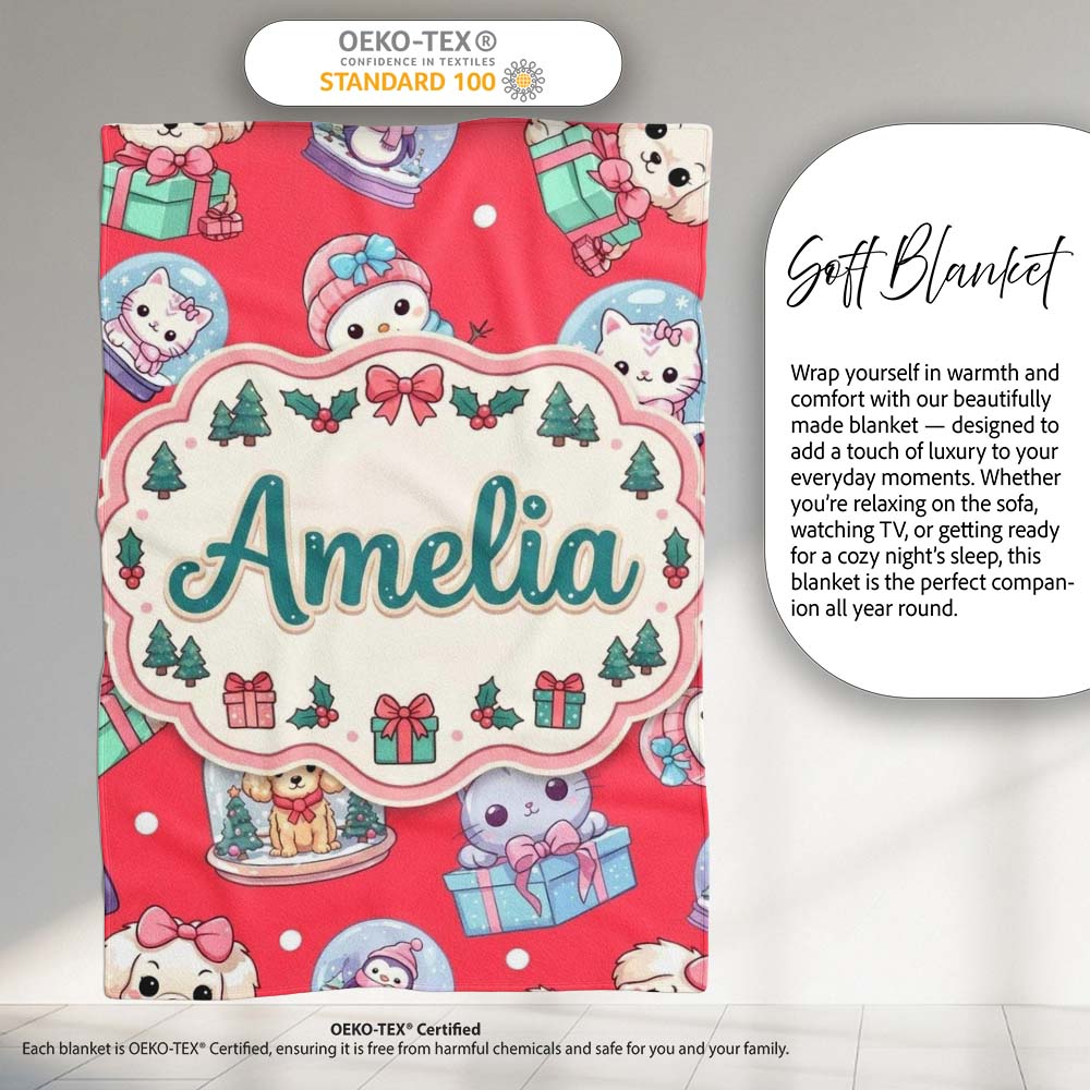 Cute Kawaii Christmas Pets Snow Globe Gifts Red Background Seamless  Personalised Custom Name Super Soft Fleece Blanket Bed Sofa Throw