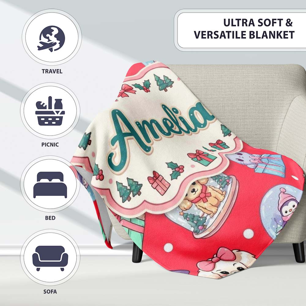 Cute Kawaii Christmas Pets Snow Globe Gifts Red Background Seamless  Personalised Custom Name Super Soft Fleece Blanket Bed Sofa Throw