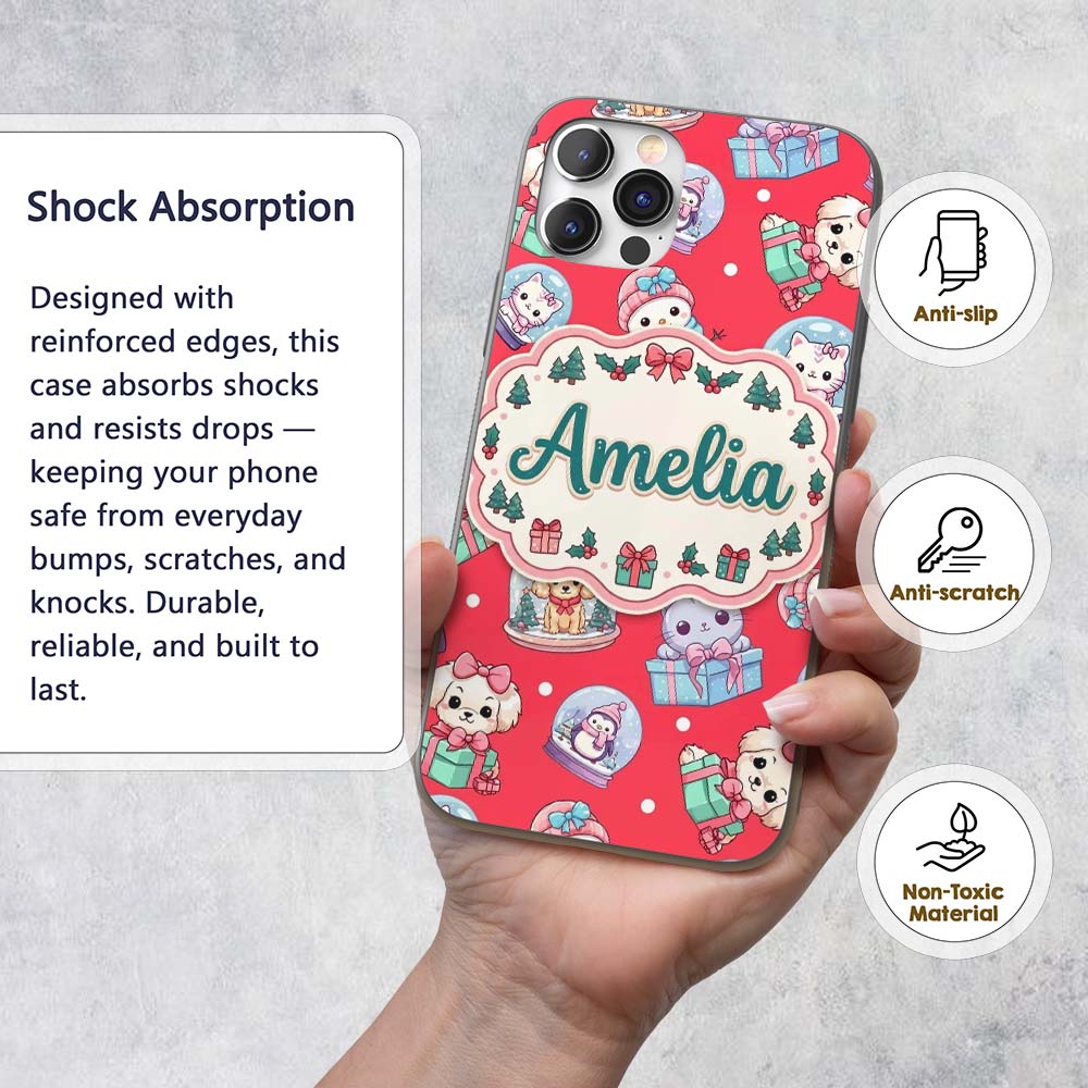 Cute Kawaii Christmas Pets Snow Globe Gifts Red Custom Name Protective Phone Case Mobile Cover Durable Everyday Smartphone Shock Resistant