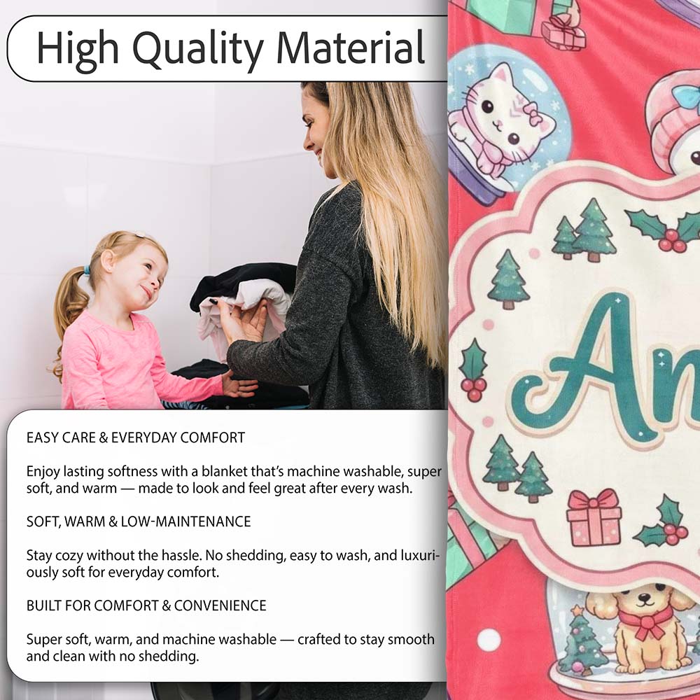 Cute Kawaii Christmas Pets Snow Globe Gifts Red Background Seamless  Personalised Custom Name Super Soft Fleece Blanket Bed Sofa Throw