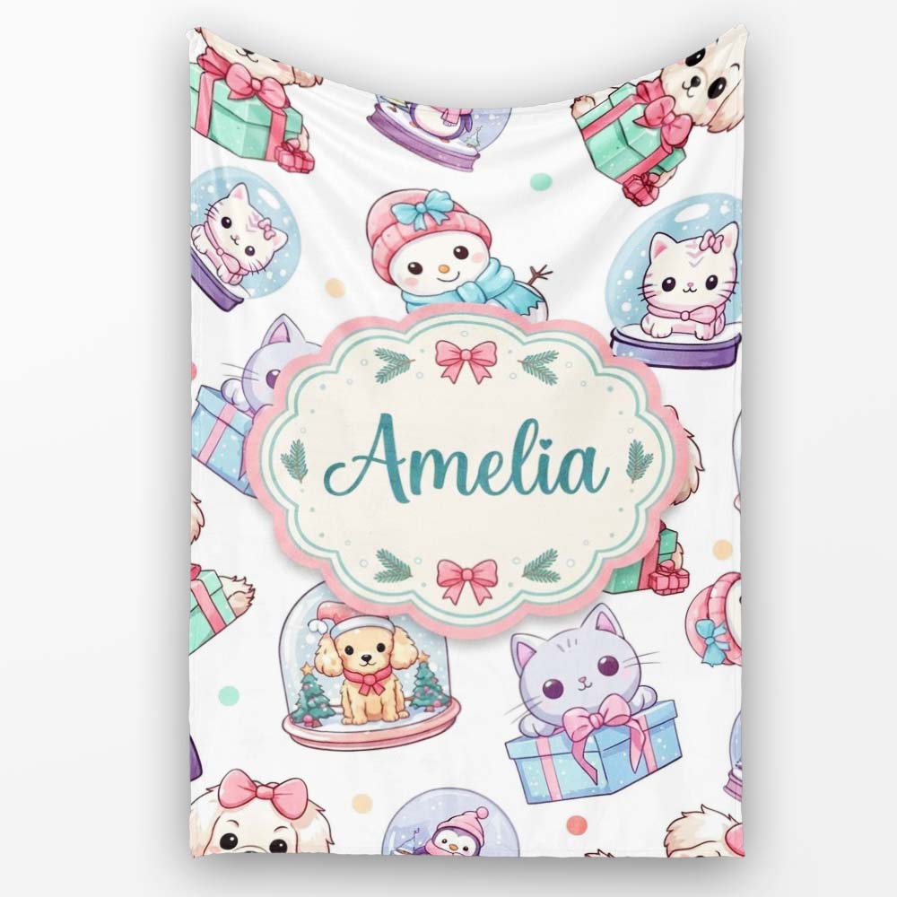 Cute Kawaii Christmas Pets Snow Globe Gifts Light Grey Background  Personalised Custom Name Super Soft Fleece Blanket Bed Sofa Throw
