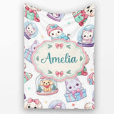 Cute Kawaii Christmas Pets Snow Globe Gifts Light Grey Background  Personalised Custom Name Super Soft Fleece Blanket Bed Sofa Throw