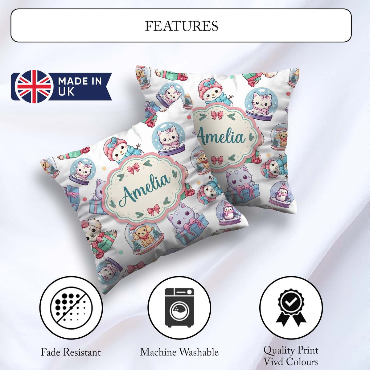 Custom Name Kawaii Pets Snow Globe Gifts Light Grey Background Square Filled Cushion Throw Pillow Sofa Bed Home Decor Zip Washable UK Made