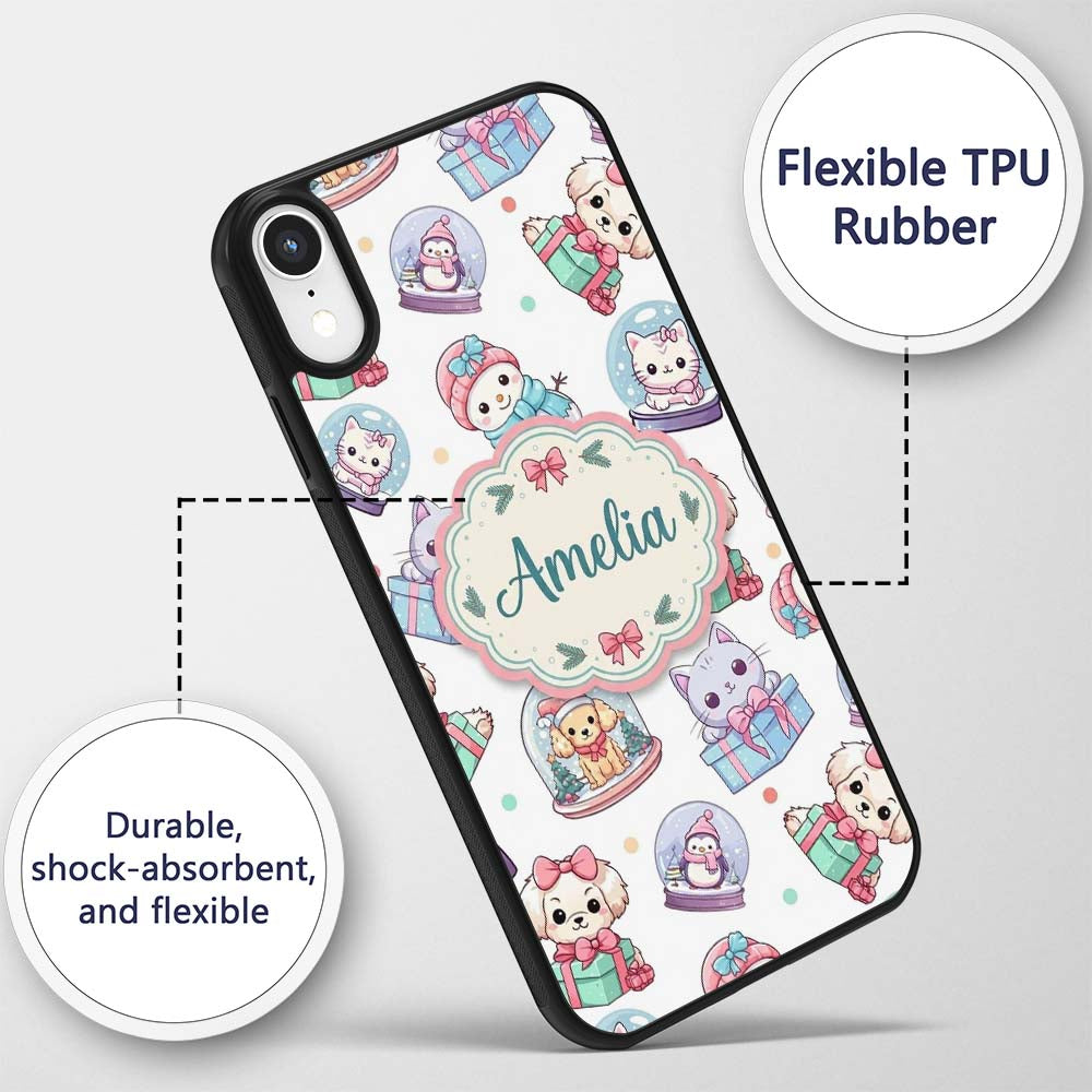 Cute Kawaii Christmas Pets Snow Globe Gifts Light Custom Name Protective Phone Case Mobile Cover Durable Everyday Smartphone Shock Resistant