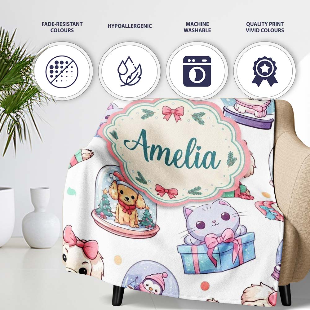 Cute Kawaii Christmas Pets Snow Globe Gifts Light Grey Background  Personalised Custom Name Super Soft Fleece Blanket Bed Sofa Throw