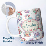 Personalized Custom Name Cute Kawaii Christmas Pets Snow Globe Gifts Light Grey Background 11oz Ceramic Coffee Tea Mug White Large Handle