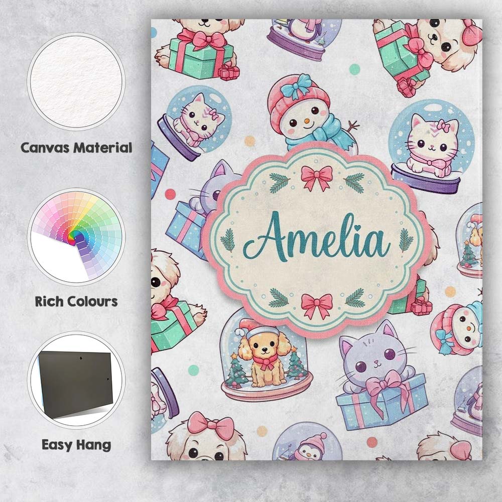 Personalised Name Cute Kawaii Christmas Custom  Modern Room Accent Elegant Feature Canvas Wall Art Print Decor Picture Ready to Hang