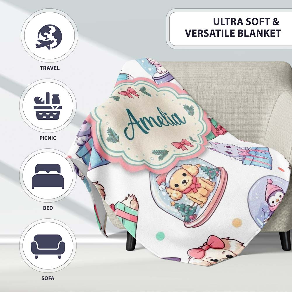 Cute Kawaii Christmas Pets Snow Globe Gifts Light Grey Background  Personalised Custom Name Super Soft Fleece Blanket Bed Sofa Throw