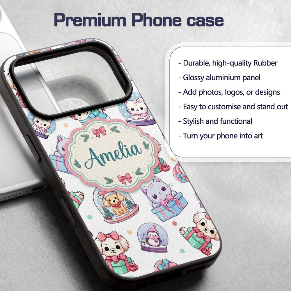 Cute Kawaii Christmas Pets Snow Globe Gifts Light Custom Name Protective Phone Case Mobile Cover Durable Everyday Smartphone Shock Resistant