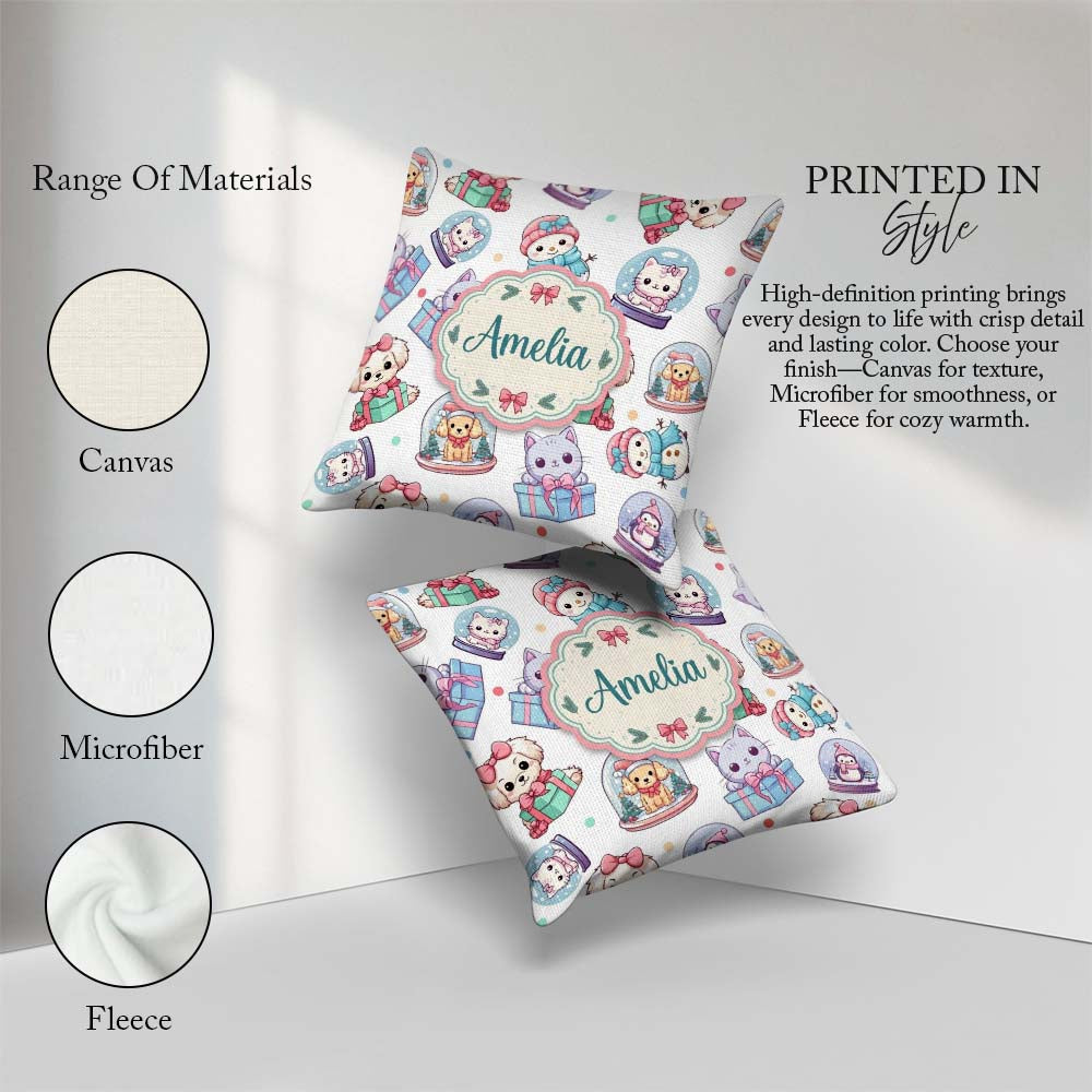 Custom Name Kawaii Pets Snow Globe Gifts Light Grey Background Square Filled Cushion Throw Pillow Sofa Bed Home Decor Zip Washable UK Made