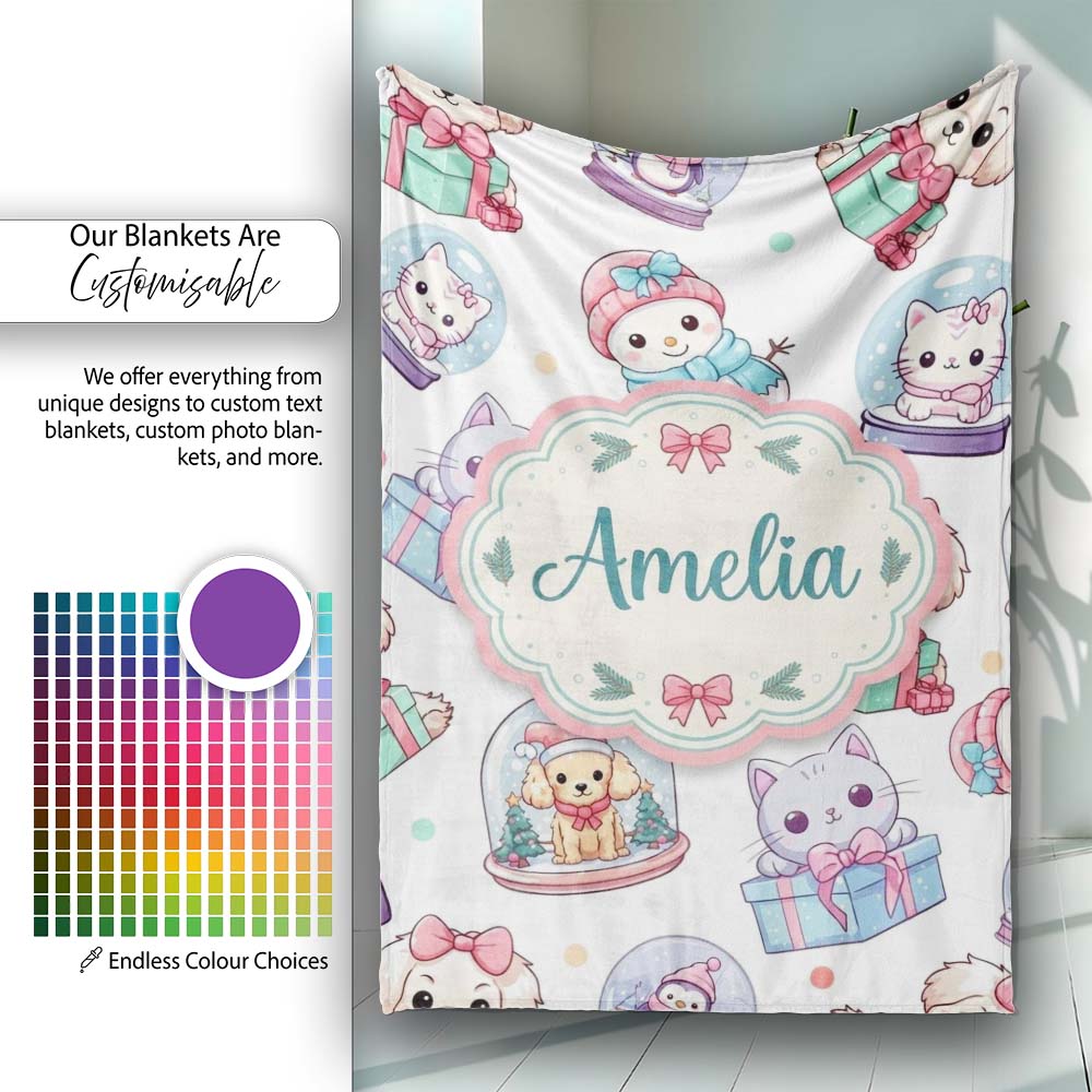 Cute Kawaii Christmas Pets Snow Globe Gifts Light Grey Background  Personalised Custom Name Super Soft Fleece Blanket Bed Sofa Throw