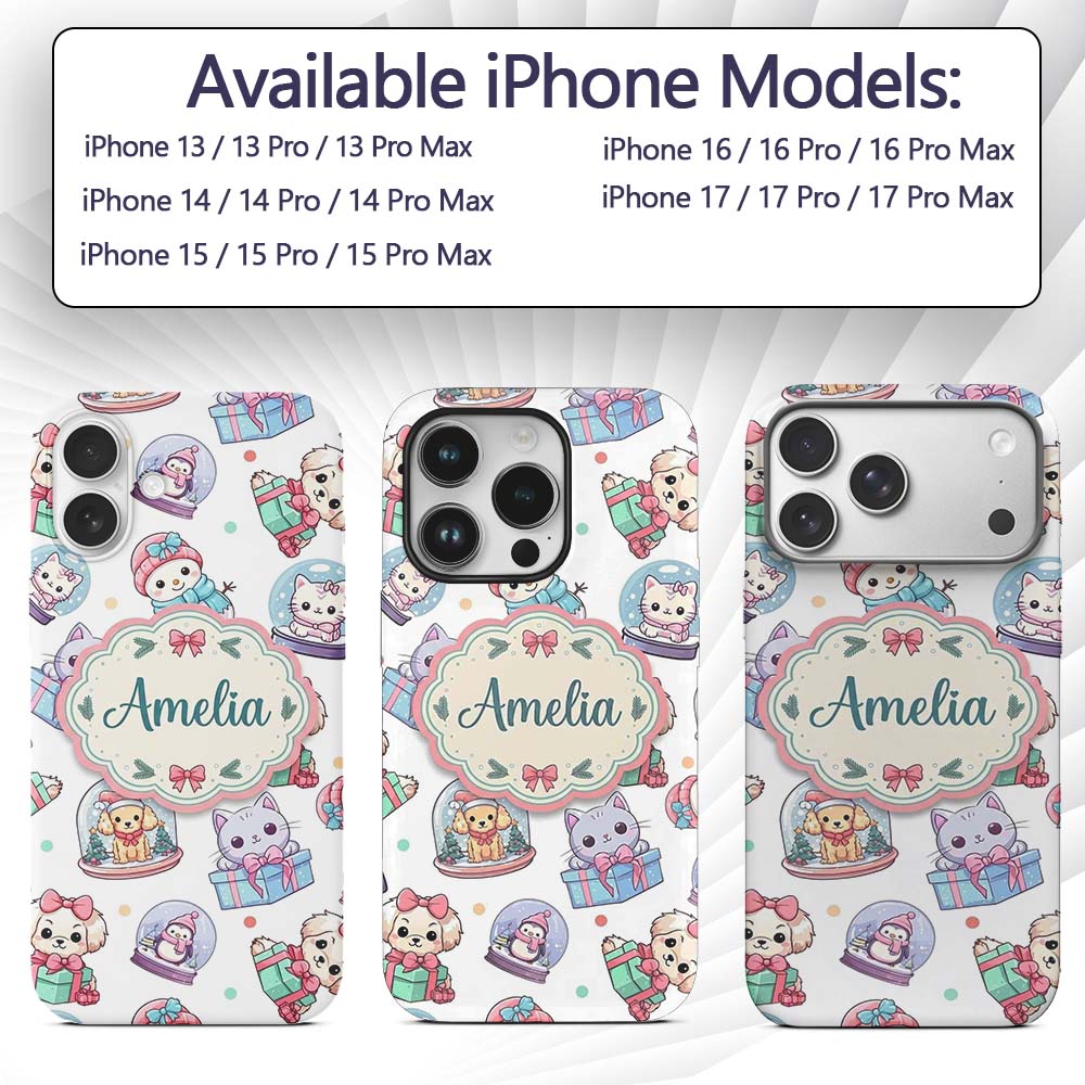 Cute Kawaii Christmas Pets Snow Globe Gifts Light Custom Name Protective Phone Case Mobile Cover Durable Everyday Smartphone Shock Resistant