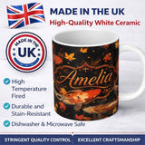 Personalized Custom Name Dark Autumn Pond Koi Fish and Falling Maple Leaves Pattern Rich 11oz Ceramic Coffee Tea Mug White Large Handle