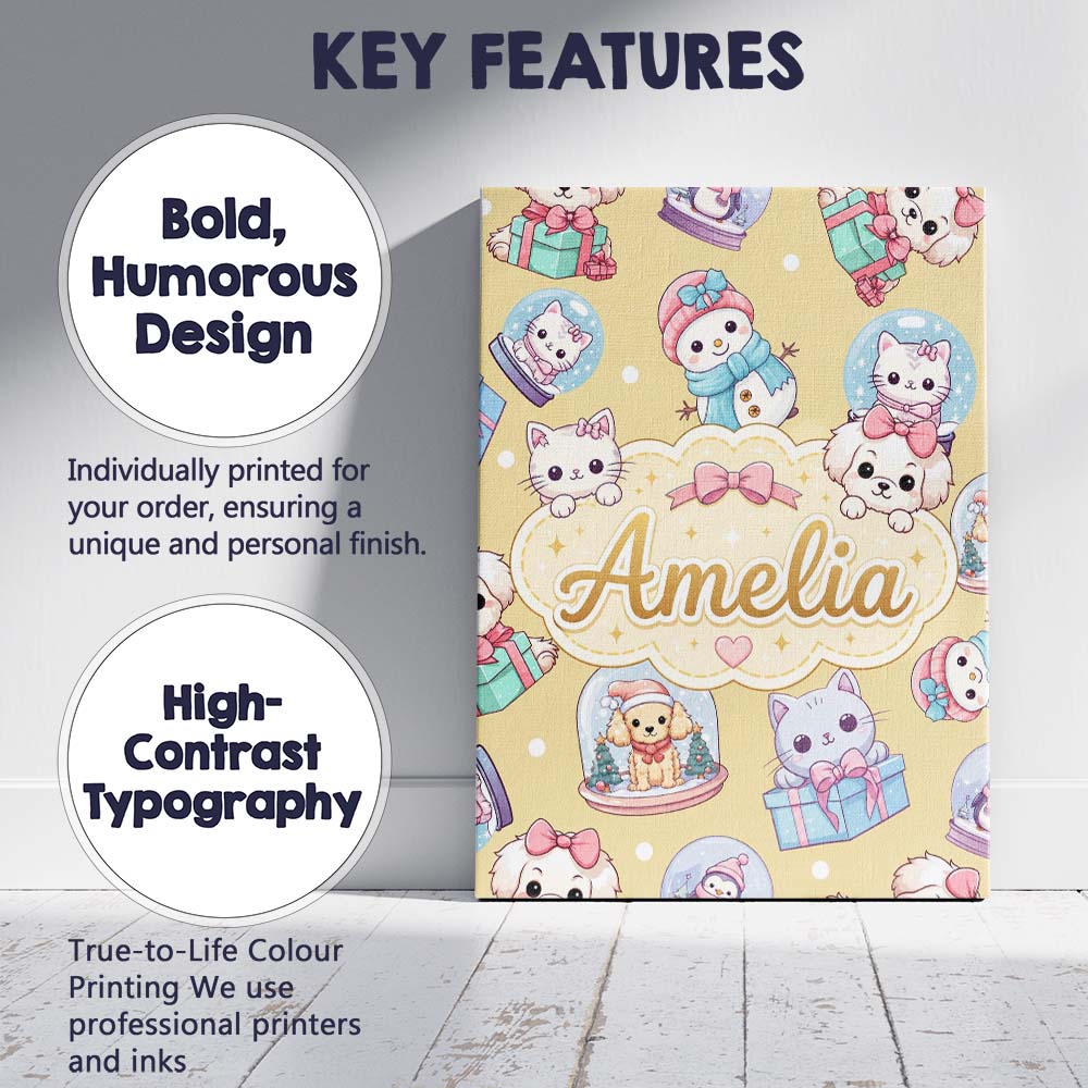 Personalised Name Cute Kawaii Christmas Custom  Modern Room Accent Elegant Feature Canvas Wall Art Print Decor Picture Ready to Hang