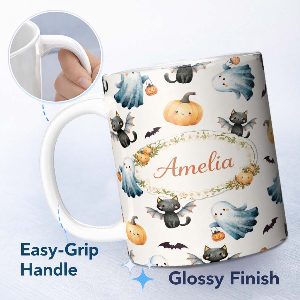 Personalized Custom Name Halloween Ghost Pumpkin Cat Seamless Pattern Light Grey Cute Spooky 11oz Ceramic Coffee Tea Mug White Large Handle