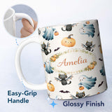 Personalized Custom Name Halloween Ghost Pumpkin Cat Seamless Pattern Light Grey Cute Spooky 11oz Ceramic Coffee Tea Mug White Large Handle