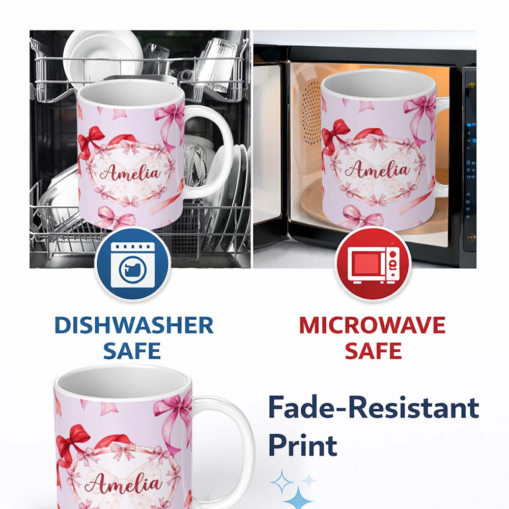 Personalized Custom Name Watercolor Red Pink Ribbon Bows Soft Lilac Background Cute Girly 11oz Ceramic Coffee Tea Mug White Large Handle