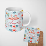 Personalized Custom Name Elegant Pink Flamingos Tropical Flowers on Blue Background Seamless 11oz Ceramic Coffee Tea Mug White Large Handle