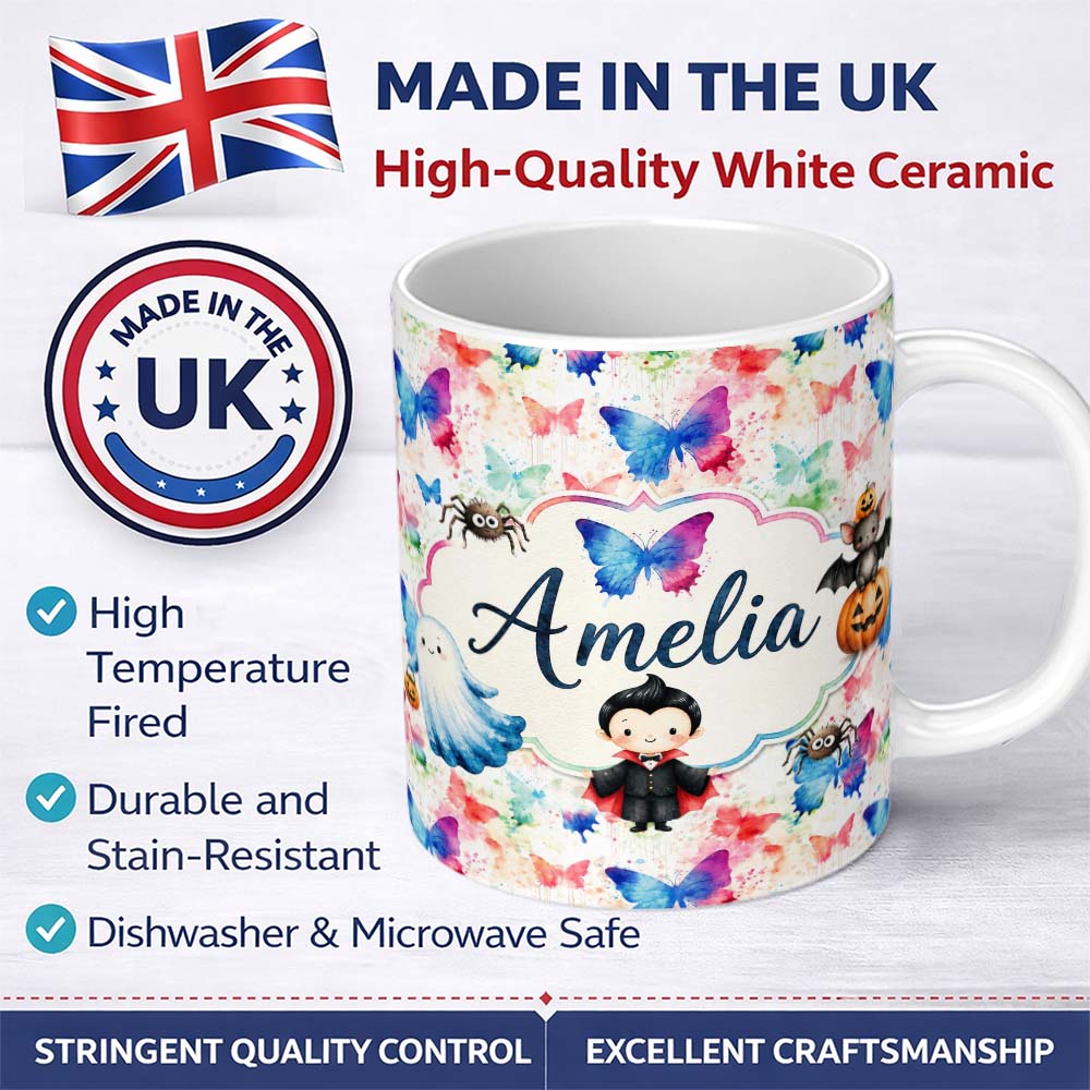 Personalized Custom Name Artistic Watercolor Butterflies with Paint Splash Effect Seamless 11oz Ceramic Coffee Tea Mug White Large Handle