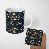 Personalized Custom Name Celestial Planets Stars Orbit Line Art Seamless Pattern Lovely 11oz Ceramic Coffee Tea Mug White Large Handle