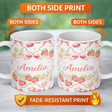 Personalized Custom Name Strawberry Cherry Daisy White Red Outline Cute Coquette Floral 11oz Ceramic Coffee Tea Mug White Large Handle