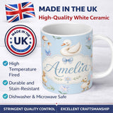 Personalized Custom Name Swan and Ducklings with Flowers Mushrooms Soft Blue Seamless 11oz Ceramic Coffee Tea Mug White Large Handle