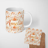 Personalized Custom Name Soft Watercolour Maple Leaves in Beige and Warm Orange on Light 11oz Ceramic Coffee Tea Mug White Large Handle