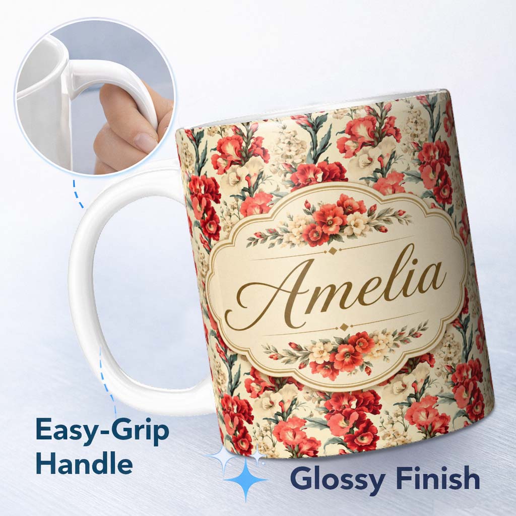 Personalized Custom Name Bold Red Floral Pattern with Cream Blossoms on Light Background 11oz Ceramic Coffee Tea Mug White Large Handle