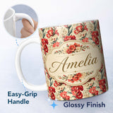 Personalized Custom Name Bold Red Floral Pattern with Cream Blossoms on Light Background 11oz Ceramic Coffee Tea Mug White Large Handle