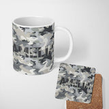 Personalized Custom Name Grey Neutral Camouflage Contemporary Seamless Pattern Lovely 11oz Ceramic Coffee Tea Mug White Large Handle