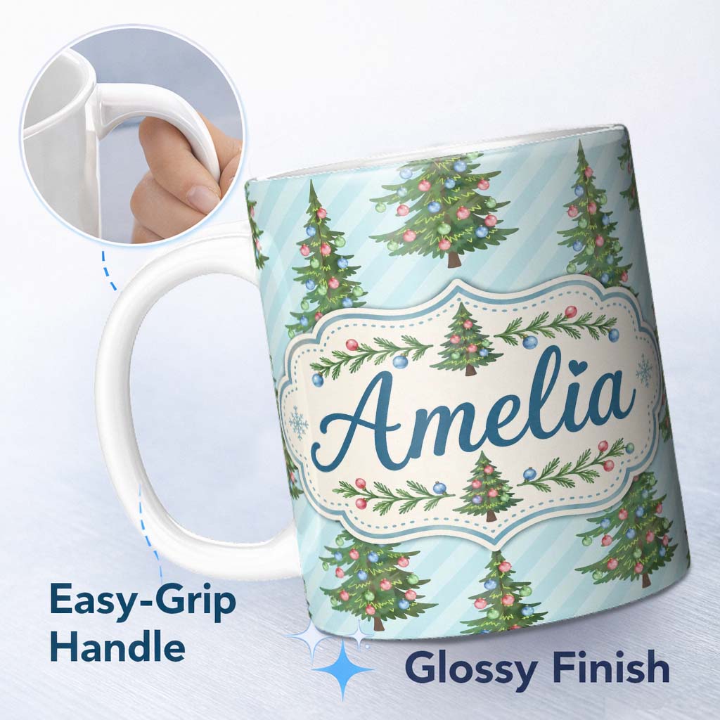 Personalized Custom Name Decorated Christmas Trees with Colorful Baubles on Blue Striped 11oz Ceramic Coffee Tea Mug White Large Handle