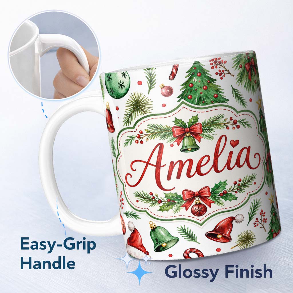 Personalized Custom Name Watercolor Christmas Trees Bells Santa Hats Festive Seamless Pattern 11oz Ceramic Coffee Tea Mug White Large Handle