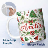 Personalized Custom Name Watercolor Christmas Trees Bells Santa Hats Festive Seamless Pattern 11oz Ceramic Coffee Tea Mug White Large Handle