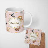 Personalized Custom Name Jungle Animals Lion Meerkat Toucan Boar on Blush Pink Seamless 11oz Ceramic Coffee Tea Mug White Large Handle