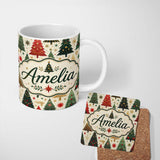 Personalized Custom Name Elegant Christmas Trees Gold Green Red Stars Festive Seamless Lovely 11oz Ceramic Coffee Tea Mug White Large Handle