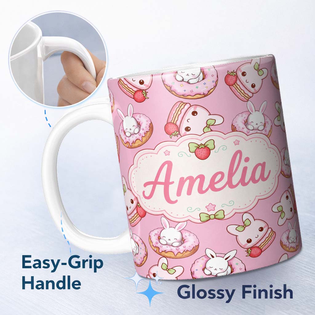 Personalized Custom Name Cute Kawaii Bunny Donuts Strawberry Dessert Pattern Soft Pink Lovely 11oz Ceramic Coffee Tea Mug White Large Handle