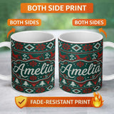 Personalized Custom Name Cute Green Red Nordic Animal Winter Festive Knitted Seamless Pattern 11oz Ceramic Coffee Tea Mug White Large Handle
