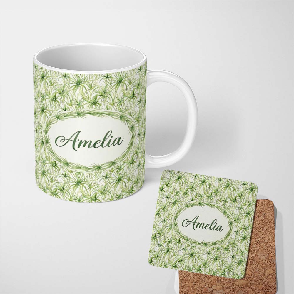 Personalized Custom Name Light Green Spider Plant Botanical Seamless Pattern Cute Unique Gift 11oz Ceramic Coffee Tea Mug White Large Handle
