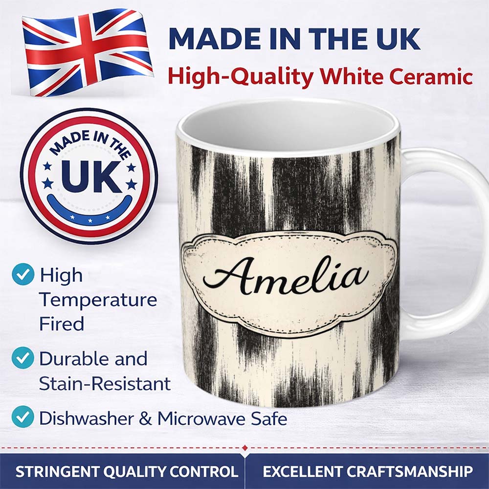 Personalized Custom Name Wavy Woodgrain Lines Black Cream Organic Texture Pattern Lovely 11oz Ceramic Coffee Tea Mug White Large Handle