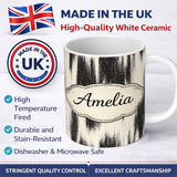 Personalized Custom Name Wavy Woodgrain Lines Black Cream Organic Texture Pattern Lovely 11oz Ceramic Coffee Tea Mug White Large Handle