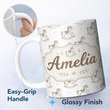 Personalized Custom Name Vintage Wooden Rocking Horse Seamless Pattern on Soft Neutral Lovely 11oz Ceramic Coffee Tea Mug White Large Handle