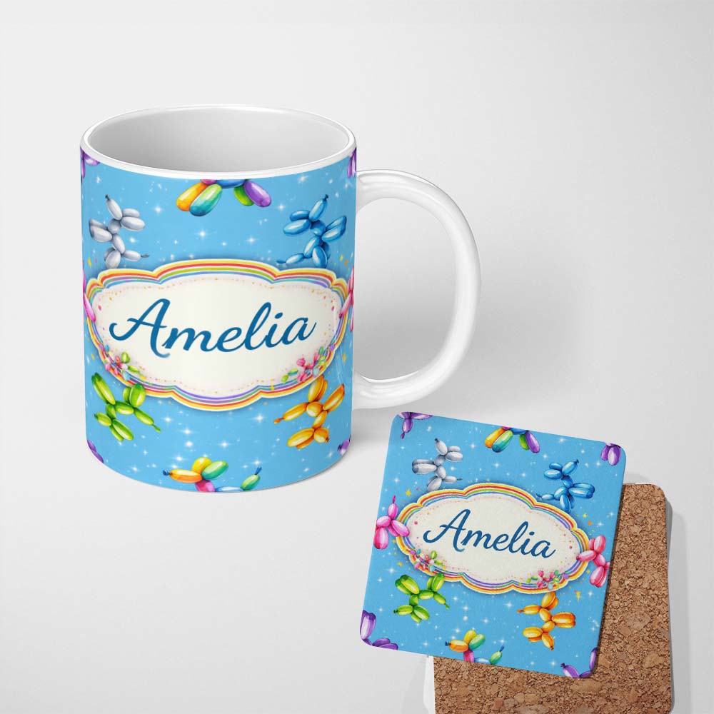 Personalized Custom Name Balloon Dog Seamless Pattern Blue Background Colorful Party Design 11oz Ceramic Coffee Tea Mug White Large Handle
