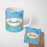 Personalized Custom Name Balloon Dog Seamless Pattern Blue Background Colorful Party Design 11oz Ceramic Coffee Tea Mug White Large Handle