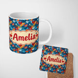 Personalized Custom Name Abstract Painted Hearts Blue Red Orange Brushstroke Seamless Pattern 11oz Ceramic Coffee Tea Mug White Large Handle