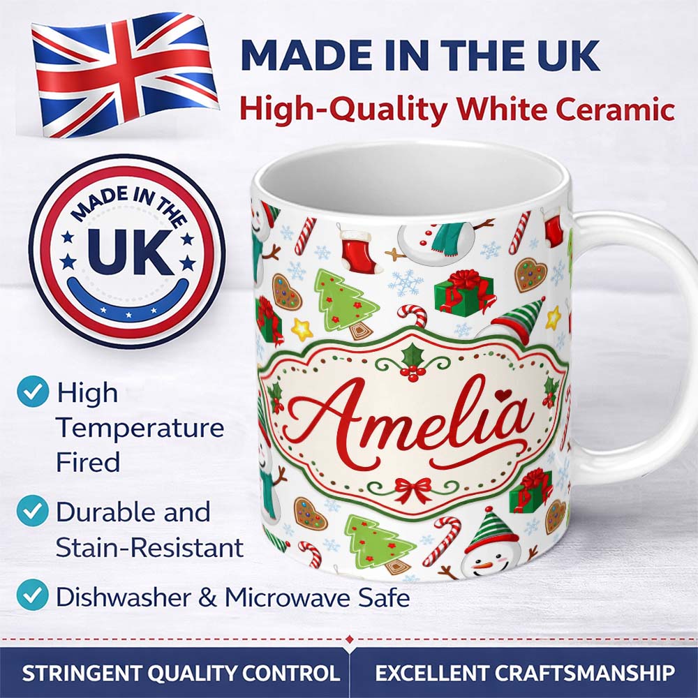 Personalized Custom Name Cute Snowman Candy Cane Christmas Tree Gift Festive Seamless Pattern 11oz Ceramic Coffee Tea Mug White Large Handle