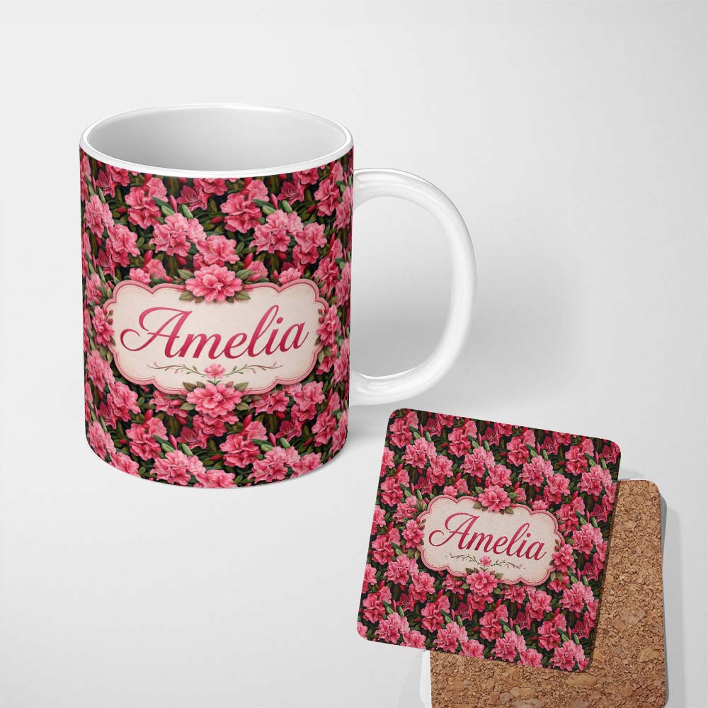 Personalized Custom Name Vibrant Pink Rhododendron Flowers Dark Background Seamless Pattern 11oz Ceramic Coffee Tea Mug White Large Handle