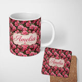 Personalized Custom Name Vibrant Pink Rhododendron Flowers Dark Background Seamless Pattern 11oz Ceramic Coffee Tea Mug White Large Handle