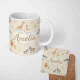 Personalized Custom Name Cute Safari Animals Giraffe Lion Zebra on Cream Background Seamless 11oz Ceramic Coffee Tea Mug White Large Handle