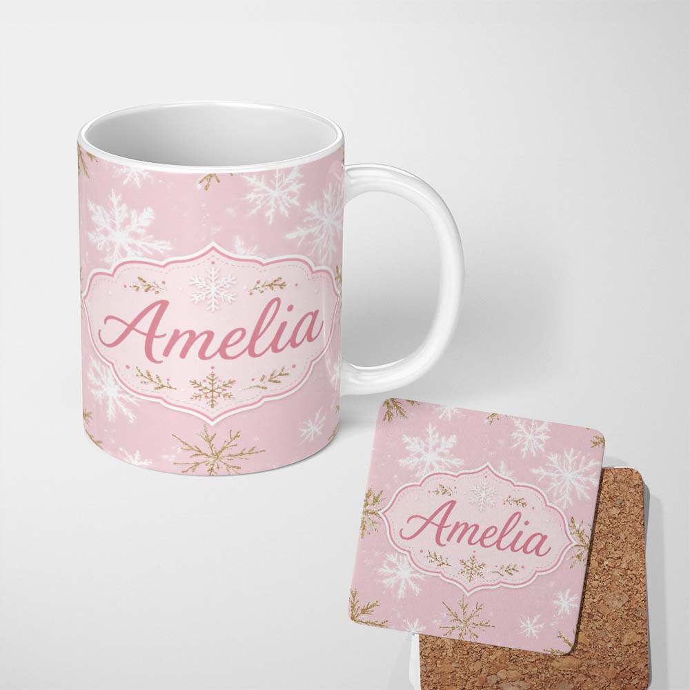 Personalized Custom Name Soft White Snowflake Pink Background Seamless Pattern Lovely 11oz Ceramic Coffee Tea Mug White Large Handle