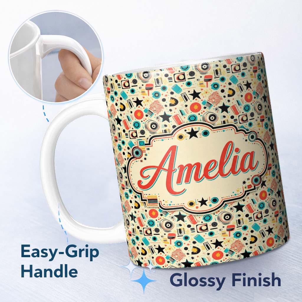 Personalized Custom Name Pop Art Geometric Seamless Pattern Stars Circles Vintage Style 11oz Ceramic Coffee Tea Mug White Large Handle